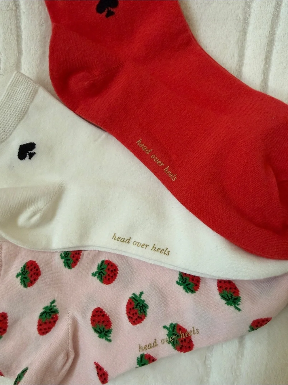 Kate Spade New York 3 Pairs Red, White & Pink Strawberry Ankle Sock Trio